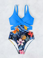 One Piece Swimsuit Women Vintage Green Floral Print Hollow Out Backless High Waist Bikini 2025 Bathing Suit Bandage Swimwear
