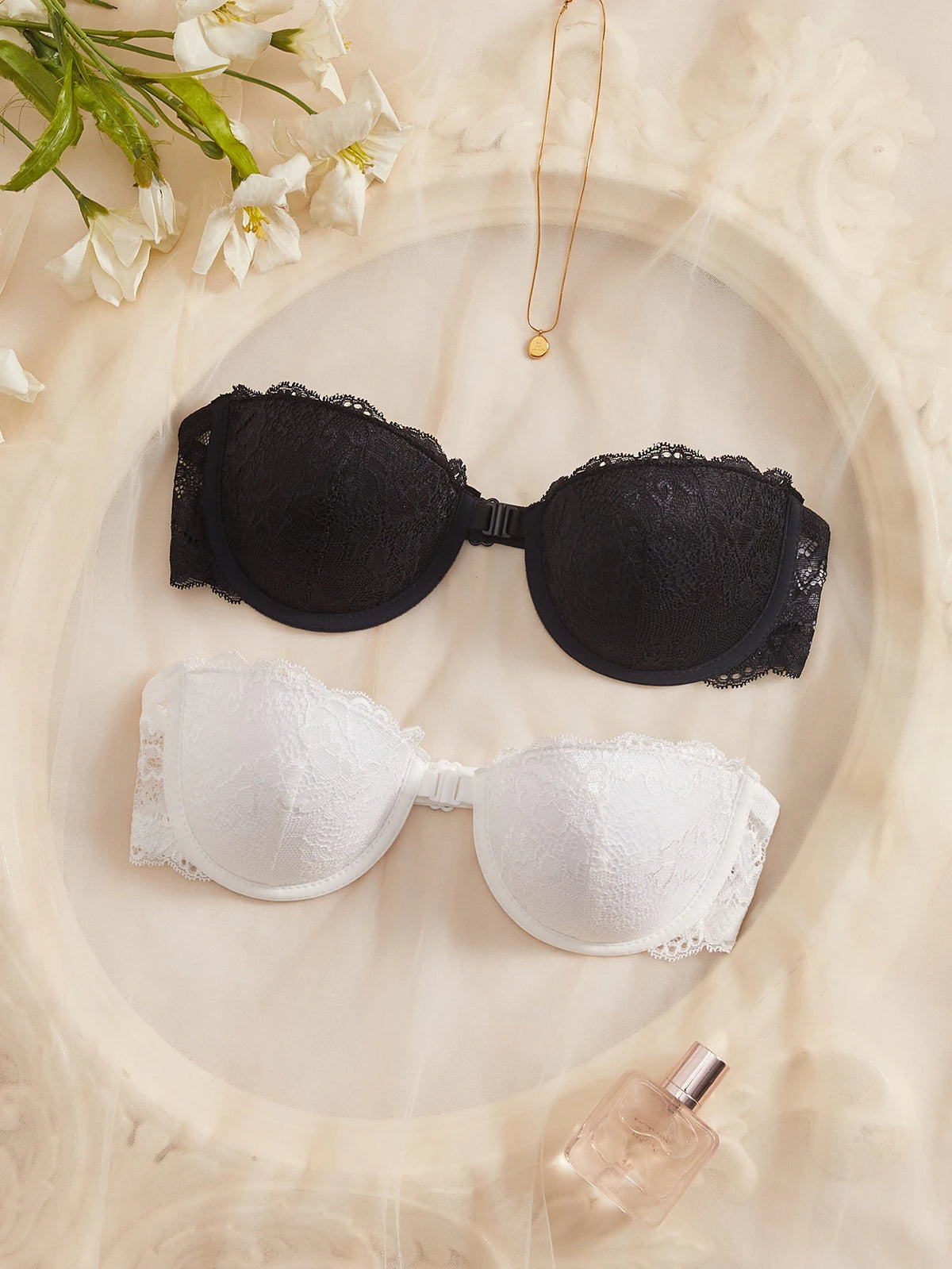 2PCS Lace Women's Strapless Bra Front Closure Non-slip Push Up Brassiere Breathable Solid Lingerie Top