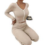 Womens Lace Trim Ribbed Knit Pajamas Set Long Sleeve Crop Top Wide Leg Pants Lounge Set 2 Piece Sleepwear