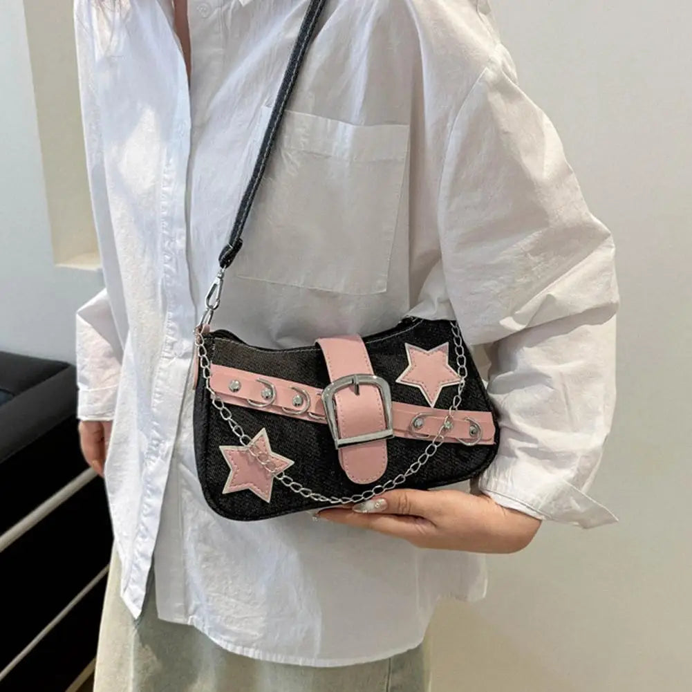 Fashion Women's Handbags Denim Stars Pattern Cool Girls Underarm Bag Female Small Shoulder Hobo Bags Chain Tote Bag