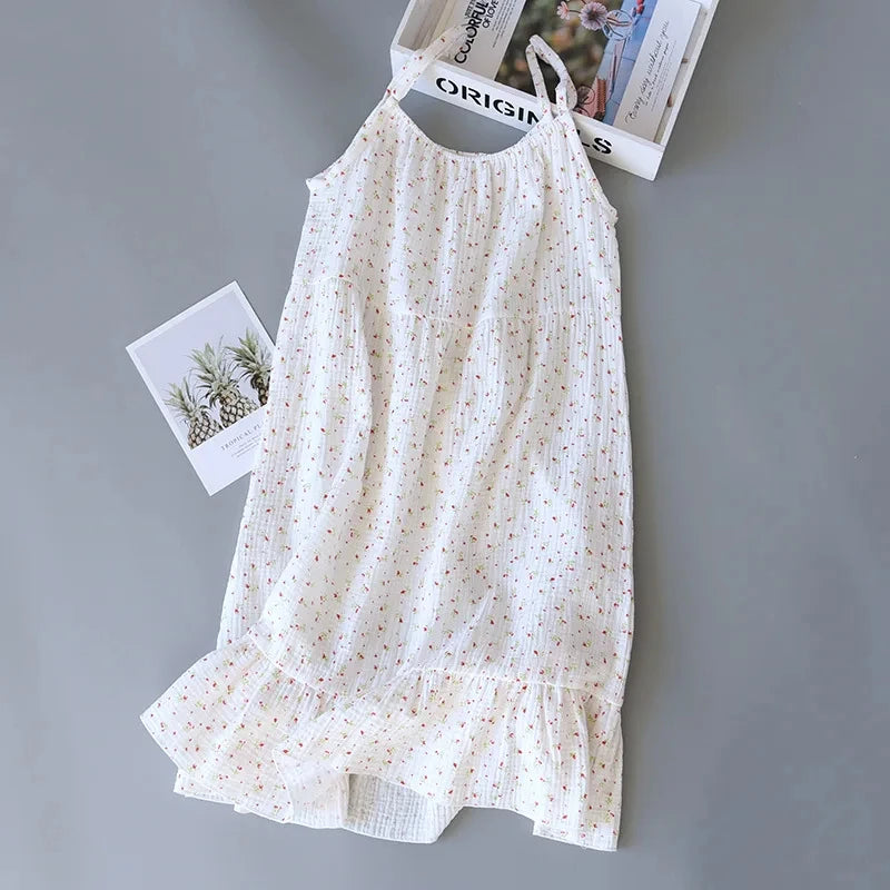 Women's 100% Cotton Crepe Gauze Nightgown Floral Sleeveless Spaghetti Strap Knee-Length Summer Home Sleep Dress M-XL