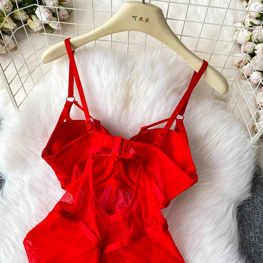 MOYISU Sexy Western Style Bodysuit for Women Sheer Net Halter Push Up Pads Summer Lingerie Figure Control See Through Hot Sale