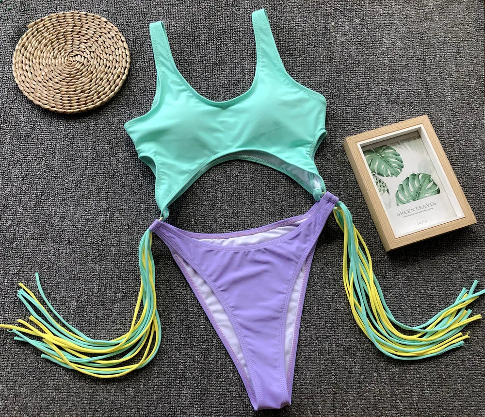 DEKA Long Tassel One Piece Swimwear Hollow Out Women Backless Swimming Suit Cut Out Halter Cross Swimsuit Female Beachwe Bathing