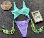 DEKA Long Tassel One Piece Swimwear Hollow Out Women Backless Swimming Suit Cut Out Halter Cross Swimsuit Female Beachwe Bathing