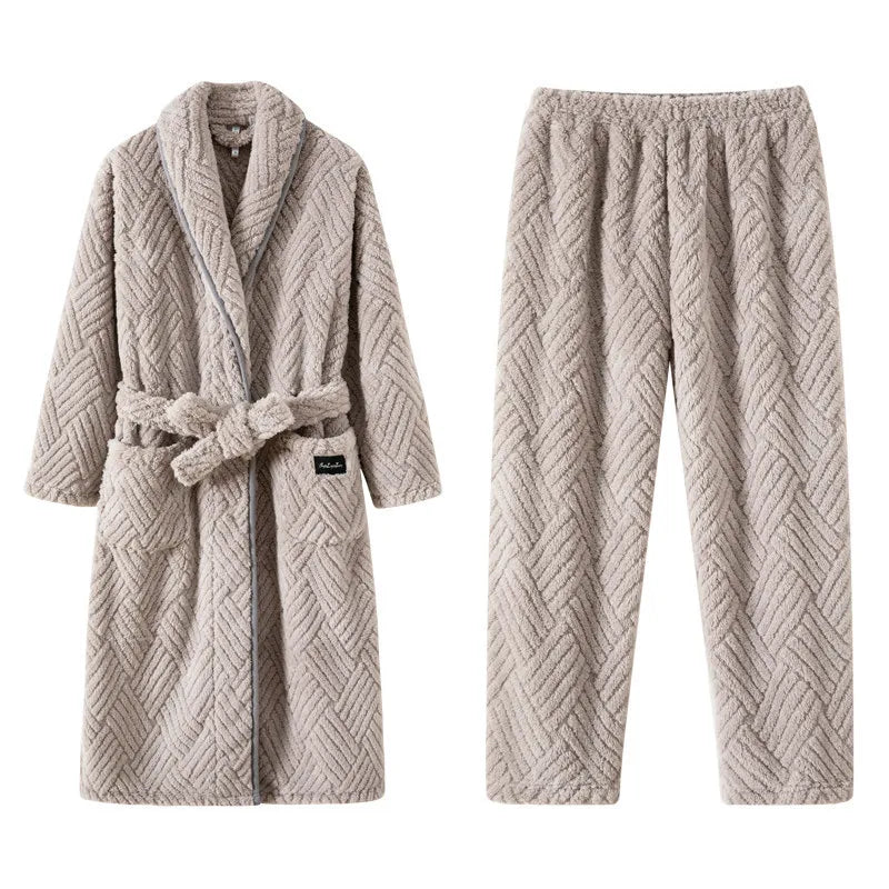 Men Women Jacquard Coral Fleece Bathrobe Autumn Winter Thick Warm Couple Sleepwear Soft Plush Loose Indoor Home Loungewear