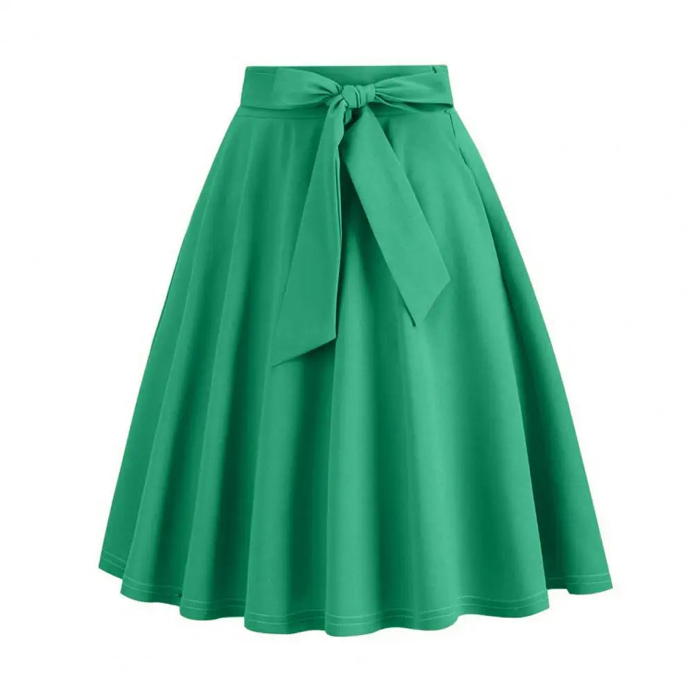 Women Skirt A-line Big Swing Belted Tight Waist Bow Decor Solid Color High Waist Soft Ruffle Summer Dating Party Midi Skirt
