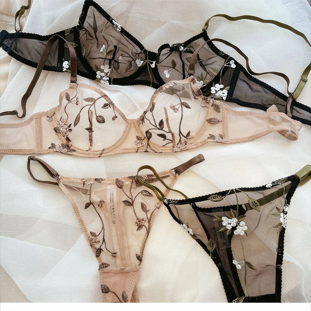 Women Mesh Underwear Set Sexy Lace Leaf Embroidery Bra Set French Ultra Thin Breathable Bralette Vintage Bras and T-back Sets