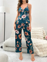 Luxurious Women's V-Neck Pajama Set Retro Elegant Floral Print Cami Top and Pants 2 Piece Loungewearfor Home or Outdoor Wear