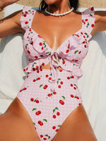 Vintage Pink Starberry Print One Piece Swimsuit 2026 Women Ruffles Bandage Cross High Waist Bikini Beach Bathing Suit Swimwear