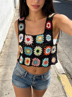 Summer Women Flower Crochet Vest Sleeveless Cover-ups Hollow Out Knit Crop Tops Bohemian Casual Daily Beach Tank Tops