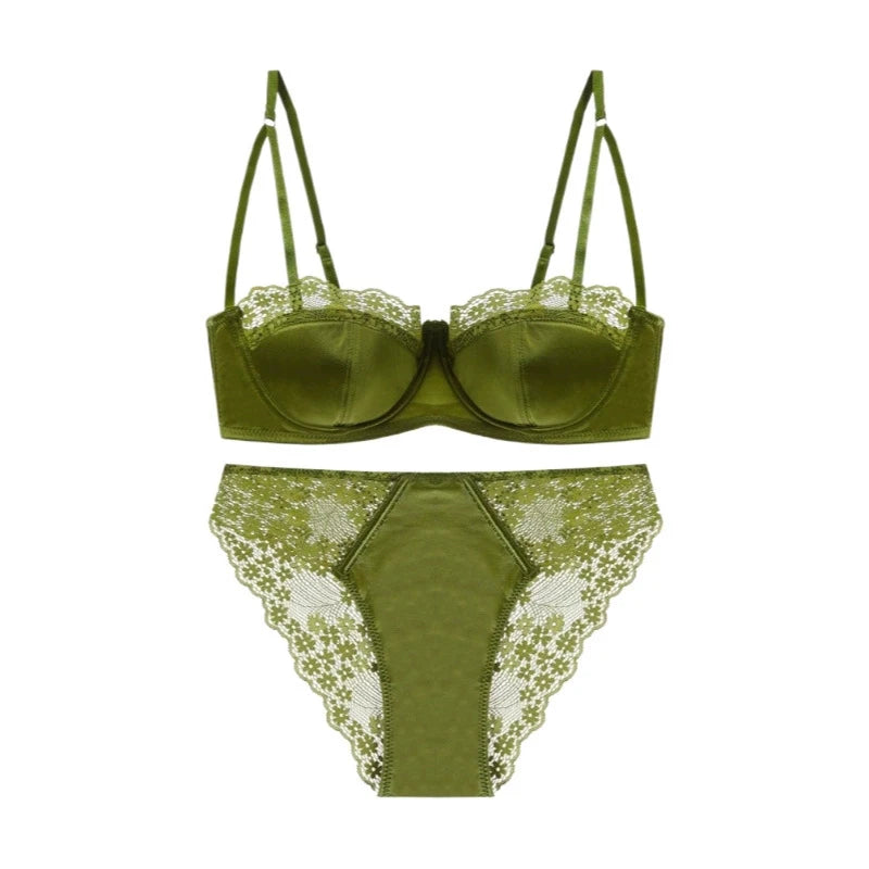 Lace Brief Sets Embroidery Underwear Sexy Satin Thin Cup Push Up Bra Set Women Romantic Bralette Green Breathable Lingerie