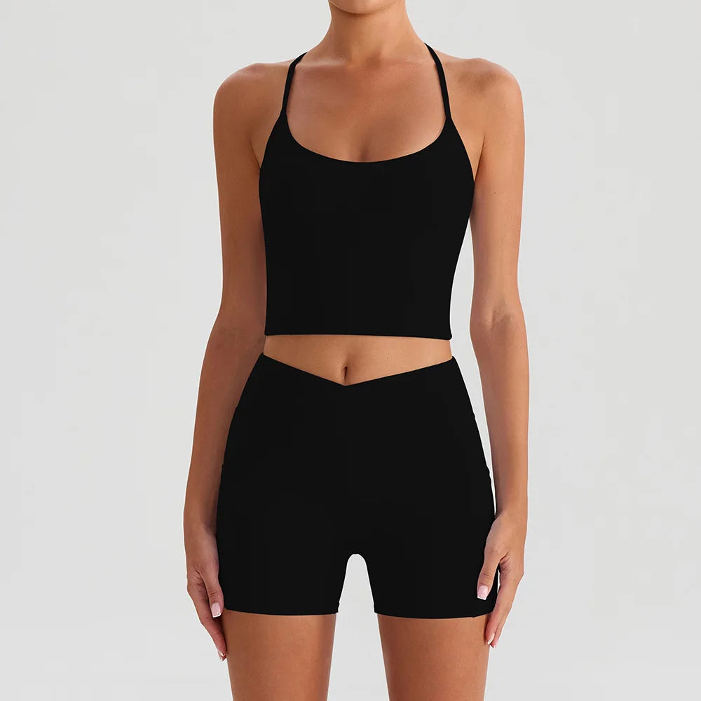 Yoga Shorts Sets Women Hanging Neck Hollow Back Sports T Shirts Sportsuit Gym High Waist Pocket Pants Fitness Workout Clothes
