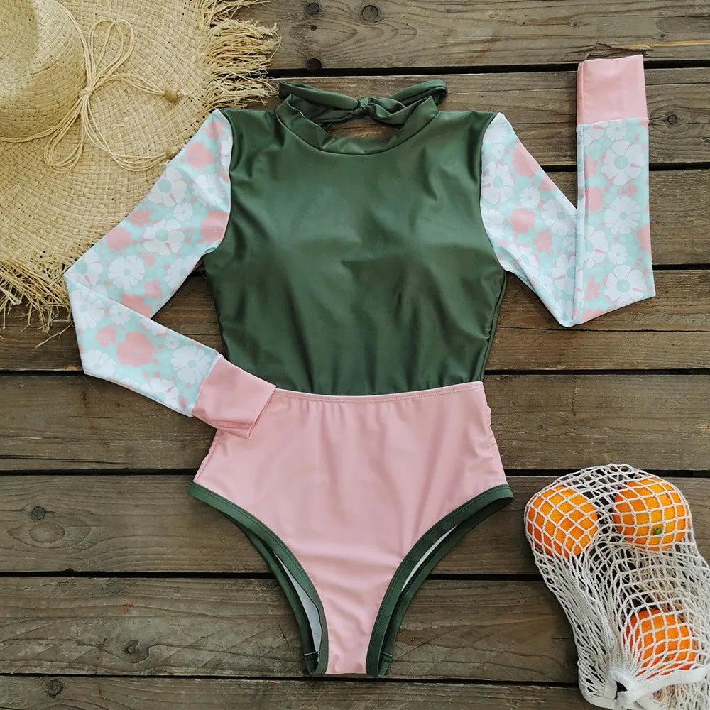 2025 Women's Rashguard Long Sleeves One Piece Swimsuit Patchwork Swimwear Zipper Monokini Surf Bathing Suit Sports Bodysuit S-XL