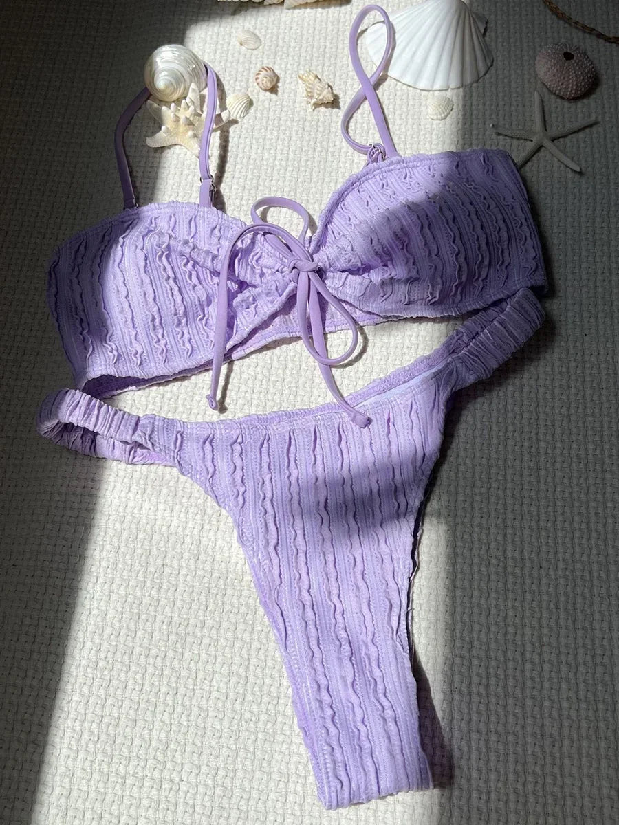 Wrinkled Crinkled Tie Knotted Bikini Women Swimwear Female Swimsuit Two-pieces Bikini Set Brazilian Bathing Suit Swim Beach Wear