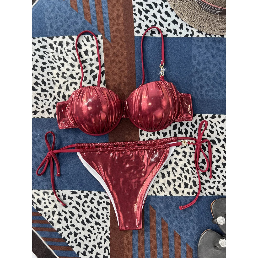 PU Faux Leather Underwired With Bra Cup Bikini Women Swimwear Female Swimsuit Two-Pieces Bikini Set Bather Bathing Suit V5221