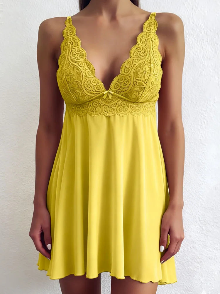 Women Nightdress Sexy Lace Chemise Bow Nightgown Sleepwear Mini Dress Plus Size Deep V Babydoll Lingerie Sexi Sleepdress Nighty