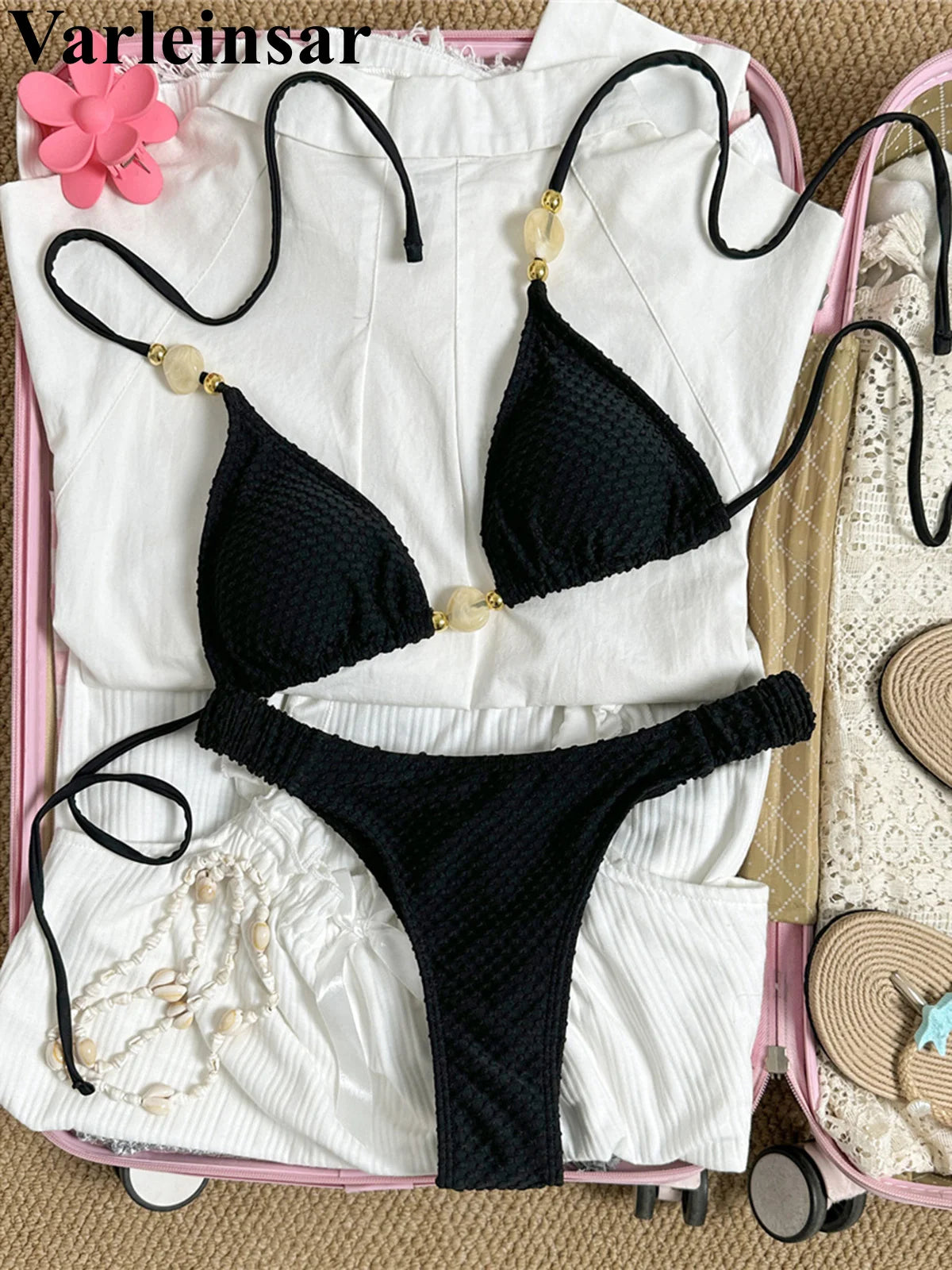 Wrinkled Crinkled Halter Bikini Female Swimsuit Women Swimwear Two-pieces Bikini set Brazilian Bather Bathing Suit Swim V8134