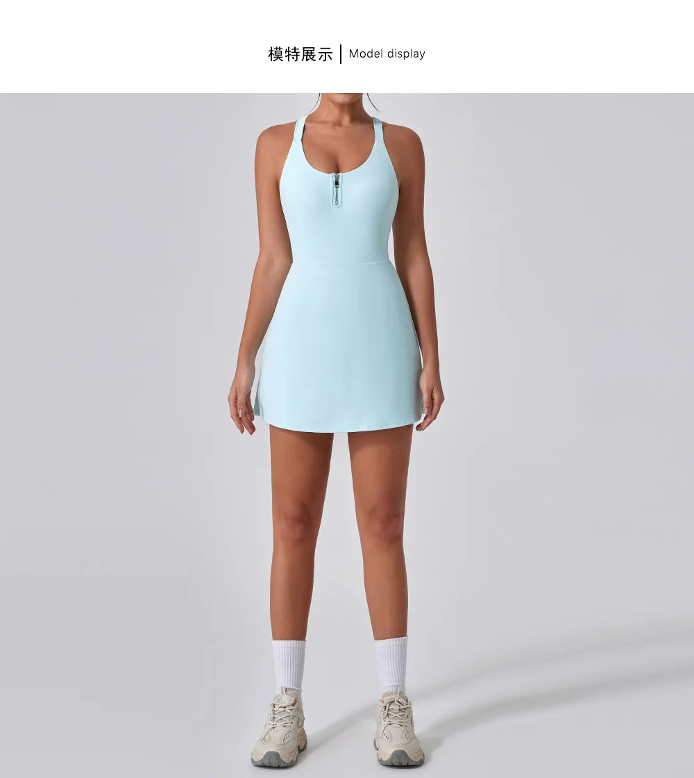 Front Zipper Tennis Dresses Women Summer Sleeveless Sports Athletic Dress Outdoor Cross Backless Pocket Short Workout Skirts
