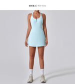 Front Zipper Tennis Dresses Women Summer Sleeveless Sports Athletic Dress Outdoor Cross Backless Pocket Short Workout Skirts