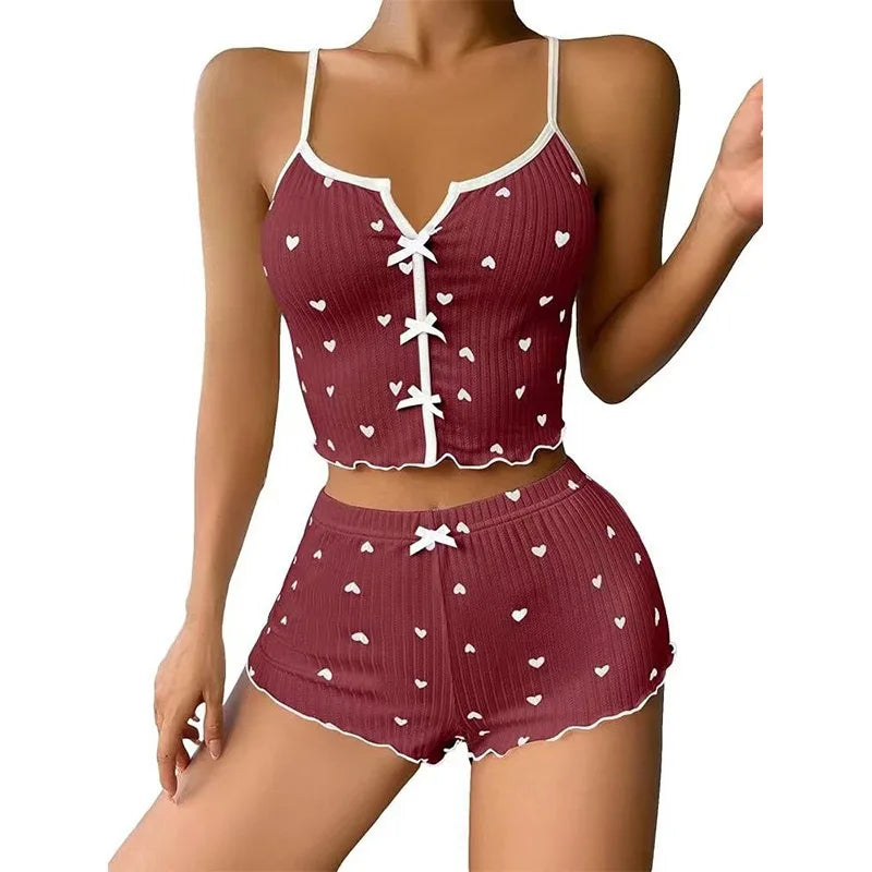 Women's Pajamas Set Sleepwear 2 PCS Short Tank Tops And Shorts S M L White Ventilate Soft Casual Love Printing