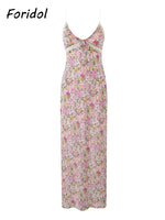 Lace Decoration Pink Floral Maxi Long Sundress Women's Dress 2025 Spaghetti Strap V Neck Smocked Boho Straight Boho Dress