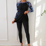 Muslim Swimwear Burkini Sets for Women Black Floral Print Zipper Long Sleeve Top Long Panties Sports Swimsuit Bathing Suit