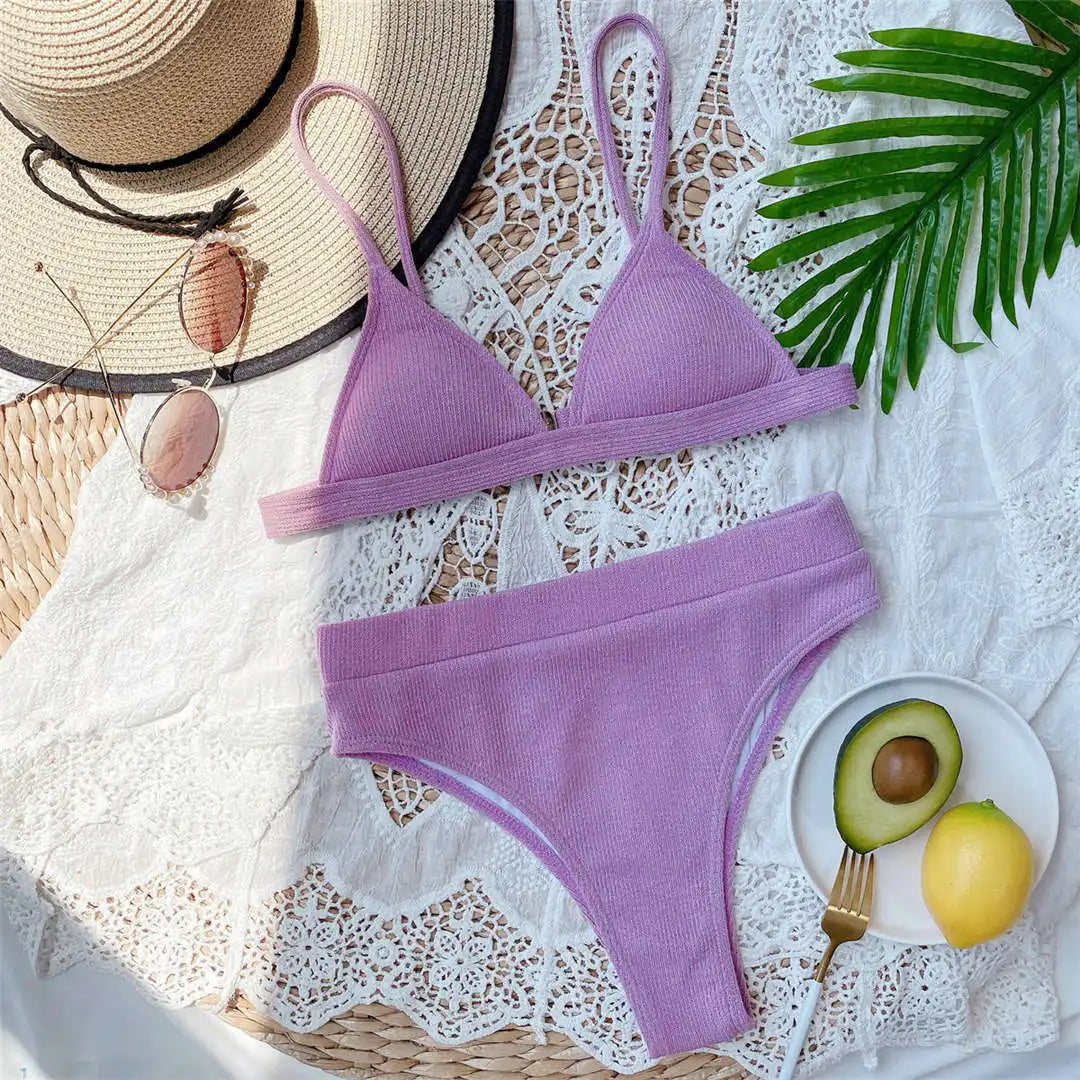 S - XL Sexy Female Swimsuit High Waist Bikini Women Swimwear Two-pieces Bikini set Ribbed Bather Bathing Suit Swim V2328