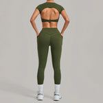 Women's Seamless Yoga Sets Sports Running High Waist Hip-lifting Pants Backless Short-sleeve Suits Workout Fitness Leggings Sets