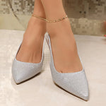 All-Match Silvery Elastic Band Pumps Heels for Women Party Pointed Toe Plus Size Woman High Heels Fashion Bling Pumps Female
