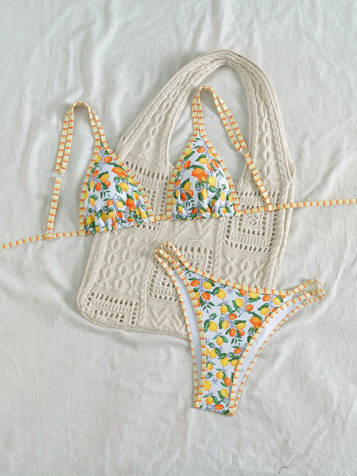 Sexy Orange Print Micro Bikini 2026 Women Double Strap Push Up Bra Hollow Out Thong Swimsuit Beach Bathing Suit Holiday Swimwear