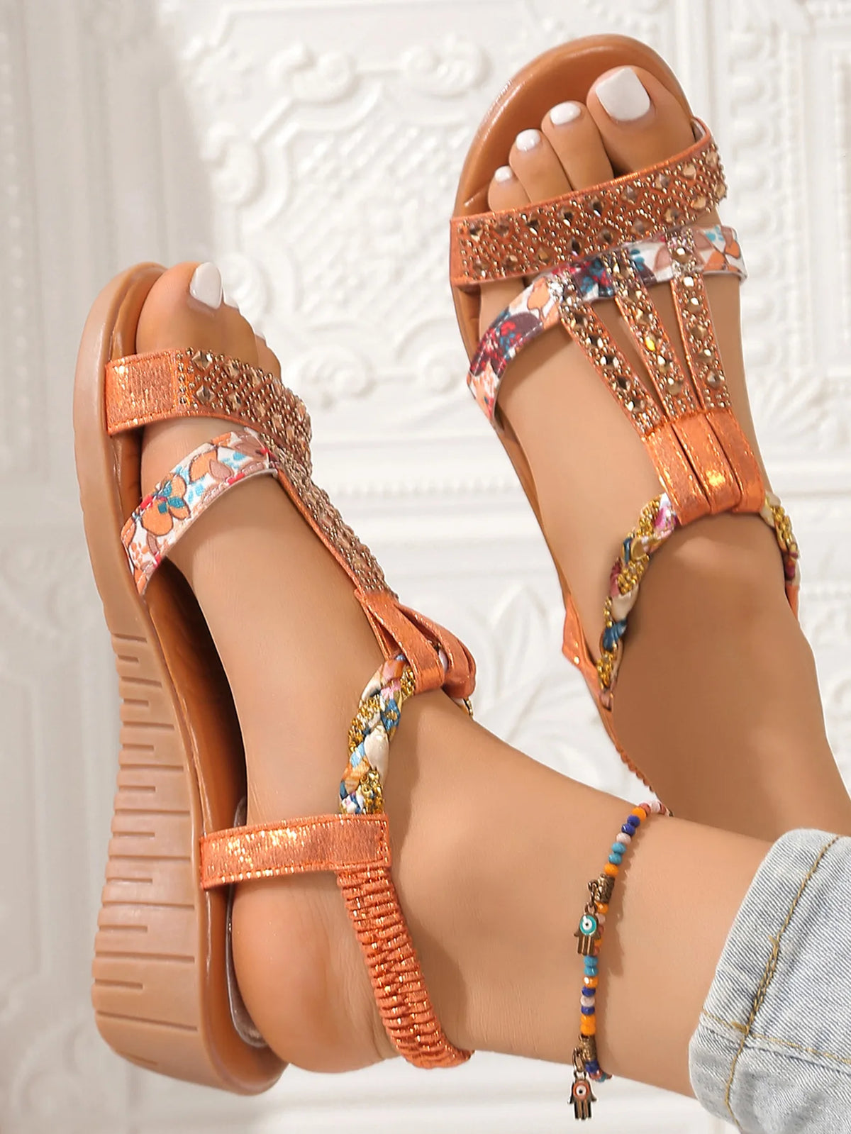 Shoes for Women Summer Women Wedge Bohemia Rhinestones Casual Platform Sandals Female Peep Toe Outdoor Beach Shoes 2026