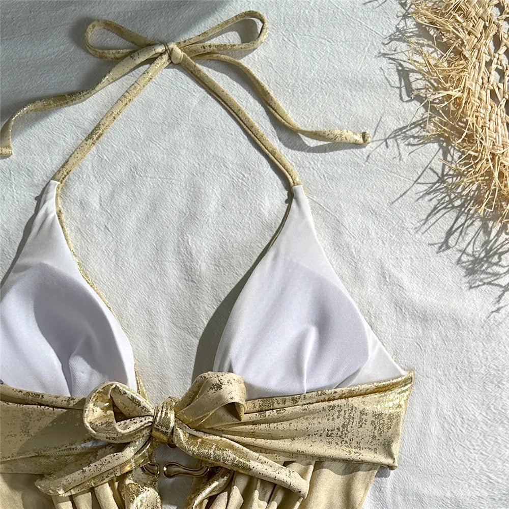 Gold Shiny String Halter Sexy Bikini 2026 Woman Bottom Shorts Swimsuit Metal Ring Holiday Swimwears Bathing Suit Bikinis Sets