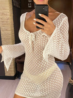 V Neck Long Sleeve Hollow Out Crochet Knitted Tunic Beach Cover Up Cover-ups Beach Dress Beach Wear Beachwear Female Women V6081