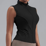 Women Zipper Yoga Shirts Solid Stand Up Collar Elastic Slim Fit Sports Jacket Breathable Sleeveless Sunscreen Workout Clothes
