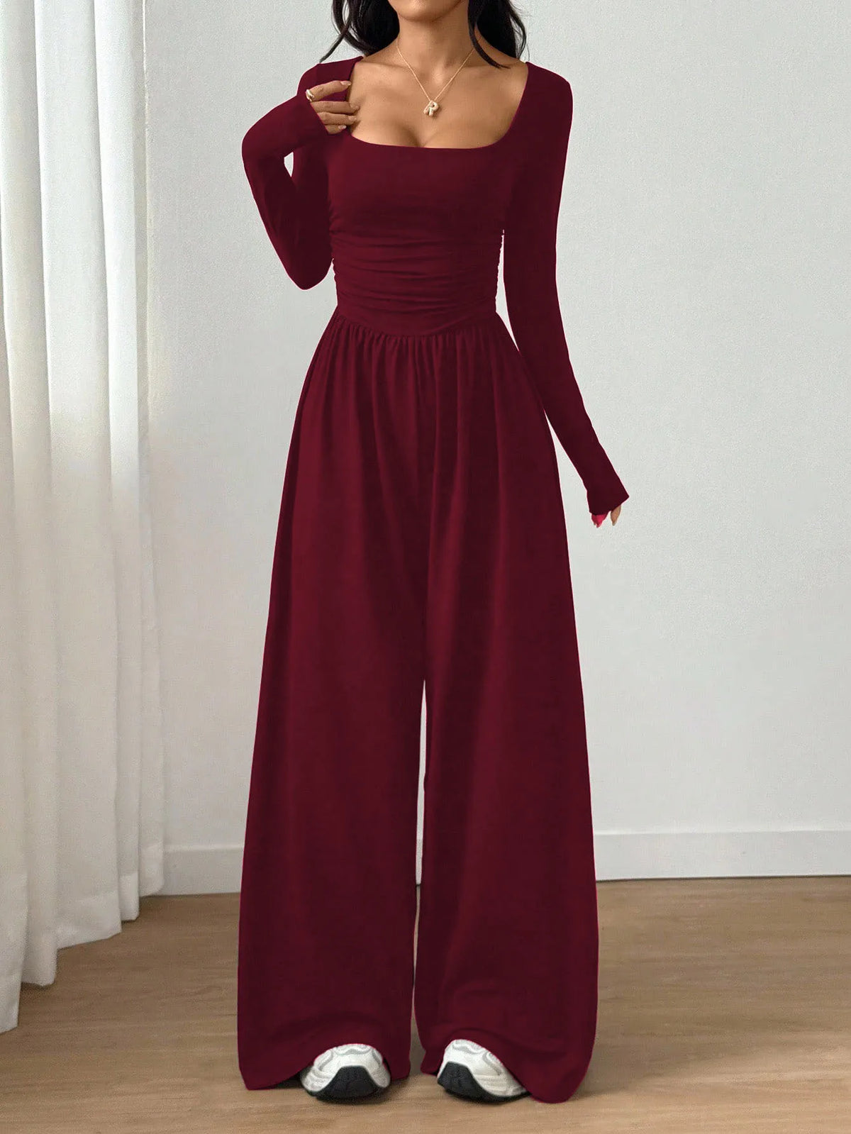 Women's Casual Solid Color Square Neck Long Sleeve A-Line Jumpsuit Pleating Wide Leg Loose Mopping Jumpsuit Spring/Fall 2026