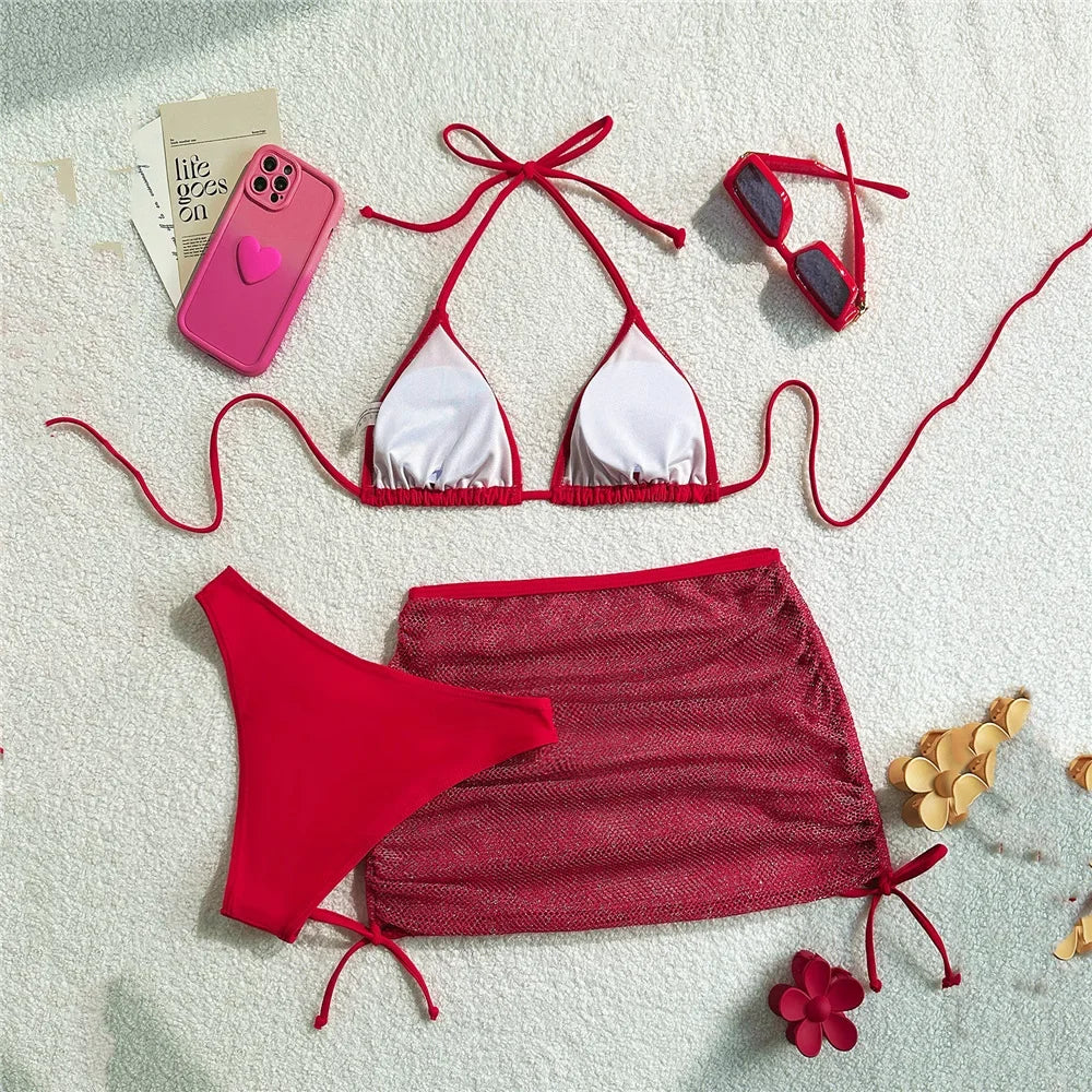 Solid Brown Swimwears String Halter Triangle 3 Piece Bikini Set Sexy Swimsuit Women 2026 Mesh Skirts Bathing Suit Bikinis Dames