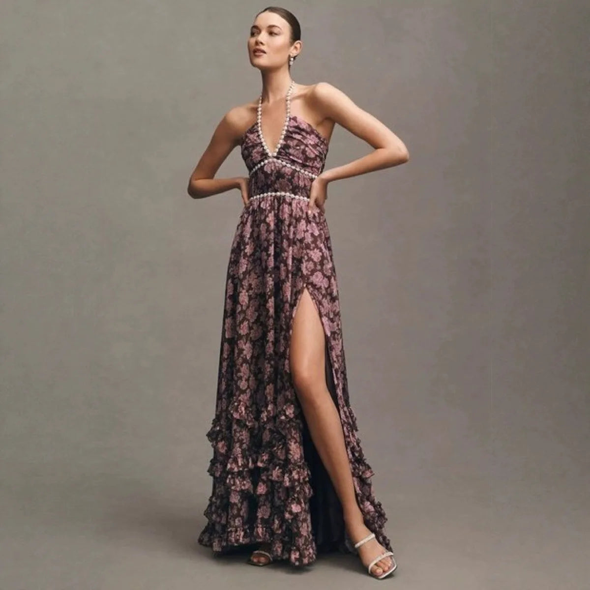 Women's Fashion Flower Print Bead Chain Halter Neck Long Dresses Sexy V-neck Backless Leace-up Slit Dress Lady Party Vestidos