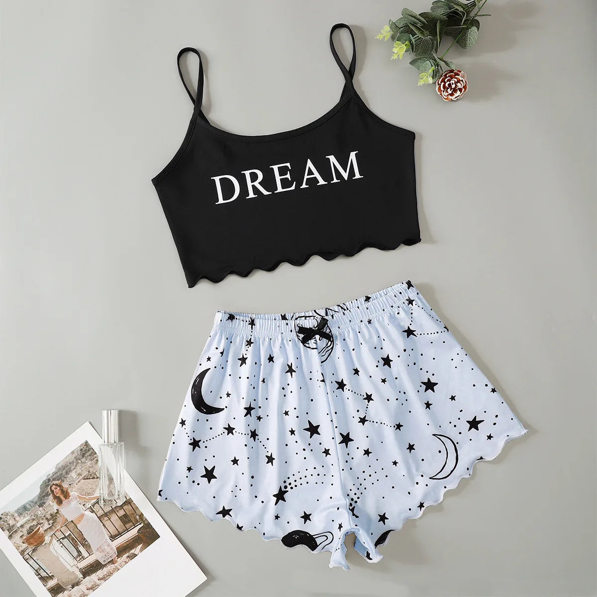 Summer Sexy Lingerie Women Pajama Set Sleepwear Moon Stars Letter Printed Sleeveless Crop Tops with Shorts Pyjamas Sets Suit