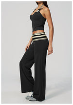 Women's 2 Piece Yoga Set Halter Neck Crop Top Fold Over Waist Wide Legged Flare Trousers Polka Dot Striped Gym Workout Running