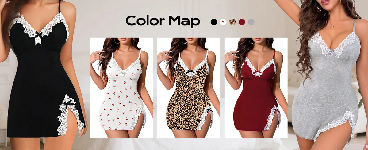 Women's Lace Trim Mini Nightgown Purple Spaghetti Strap Bodycon Sleep Dress with Bow Side Slit Summer Sleepwear