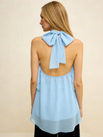 Women Summer Trendy Asymmetrical Layered Backless Shirts Solid Color Chiffon Halter Tops for Streetwear