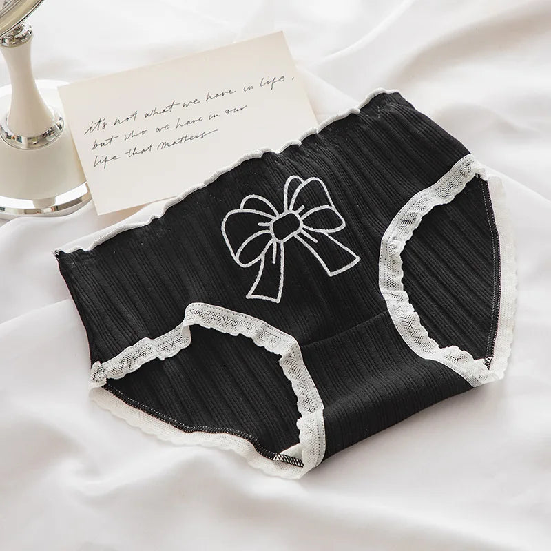 Cotton Panties Women Underwear Mid Waist Briefs Female Underpants Lingerie Black Bowknot Design Ladies Pantys M-XL