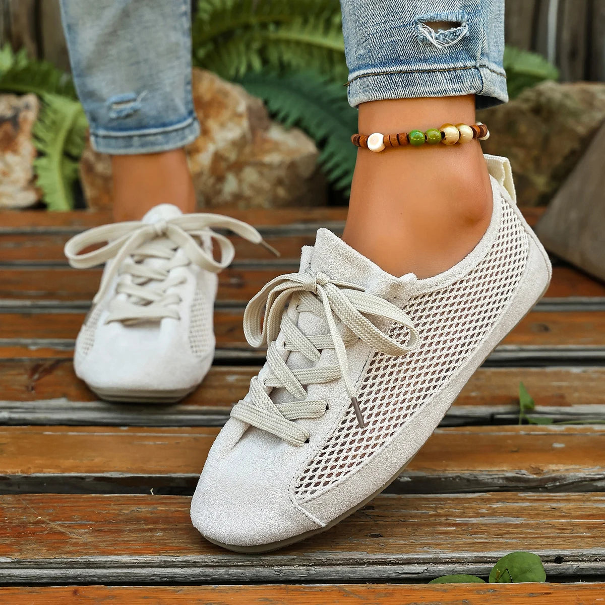 Women Mesh Lace‑Up Flat Sneakers Breathable Mesh Upper Round Toe Lightweight Retro De Training Casual Walking Summer Shoes