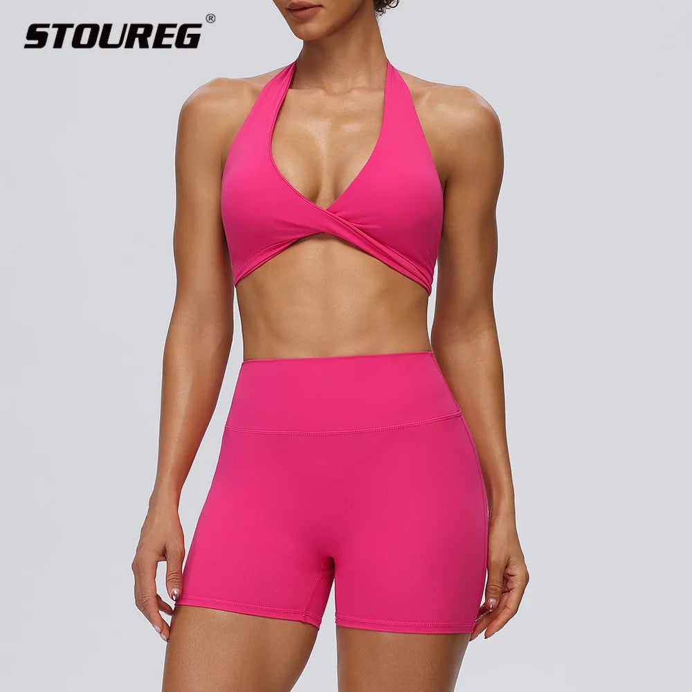 STOUREG Women's Yoga Shorts Set Sports Bra High Waist Tight Gym Running Workout 2 Piece Quick Dry Fitness Activewear