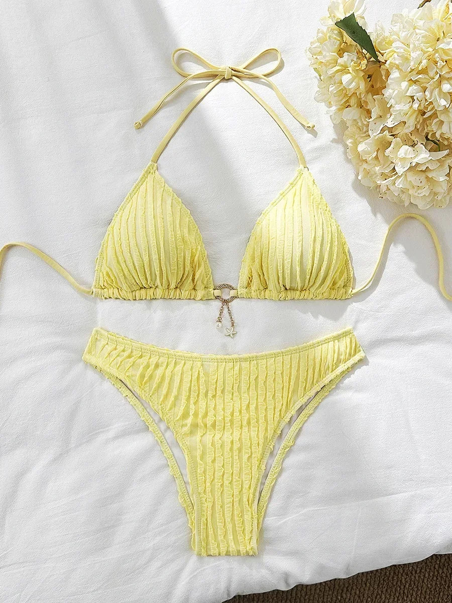 Wrinkled Halter Bikini Women Swimwear Female Swimsuit Two-pieces Bikini Set Brazilian Bather High Cut Bathing Suit Swim Lady
