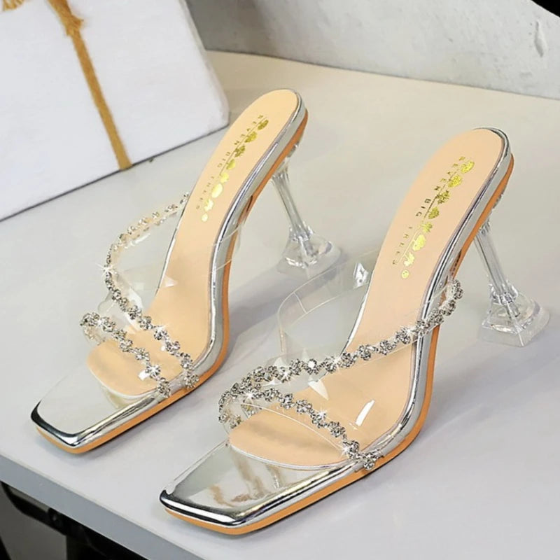 Transparent High Heels Women's Summer New Fashion Thin Heel Sandals Outdoor Wear Rhinestone Slippers Modern Minimalist Style