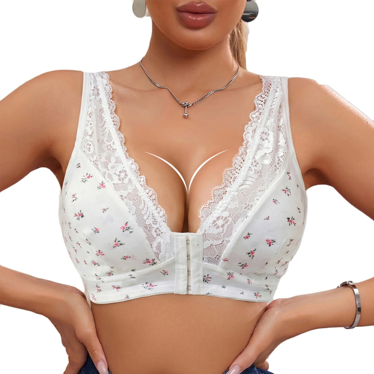 Women Lace Trim Butterfly Print Front Closure Wireless Bralette Comfortable Breathable Brassiere Plus Size Padded Push Up Bras