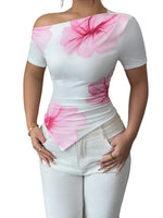 Women's Summer T-Shirts Flower Print Short Sleeve Slash Neck Off One Shoulder Trendy Tees Tops