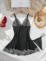 Contrast Black Lingerie Women Underwear Sleepwear Lace Nightdress And Thongs Pijamas Sets Female Nighty