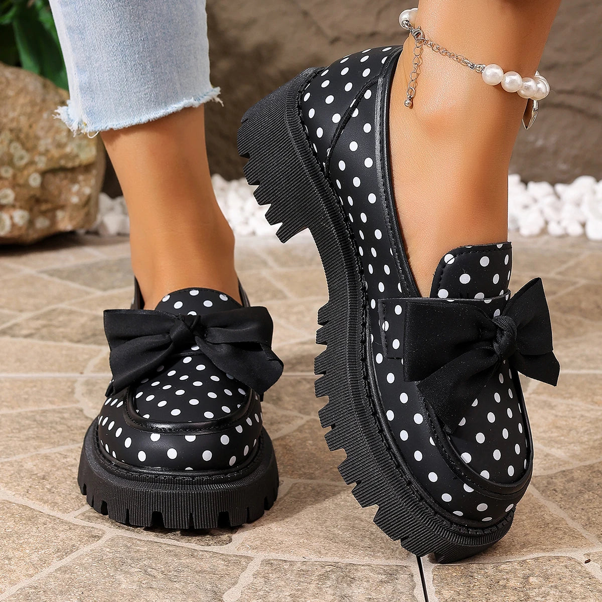 Women Polka Dot Print Platform Loafer Shoes Bow Decor Slip On Chunky Lug Sole Round Toe Sweet Preppy Casual Dress Shoes